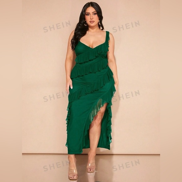 NWT & BAG SHEIN BAE Plus Size Women Ruffled Hem Slit Dress DARK GREEN - Picture 7 of 7
